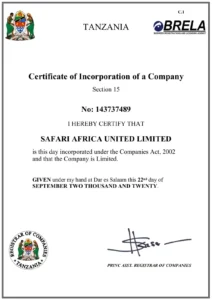 Safari Africa United Limited - Certificado de Registro de Empresa