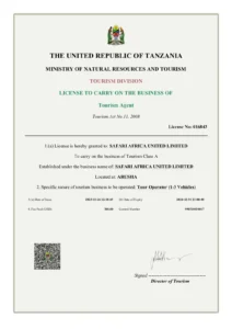 Safari Africa United Limited - Tourism Agent License 2024