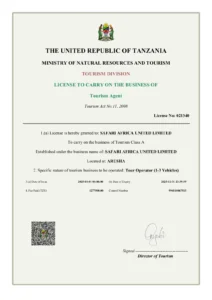 Safari Africa United Limited - Tourism Agent License 2025