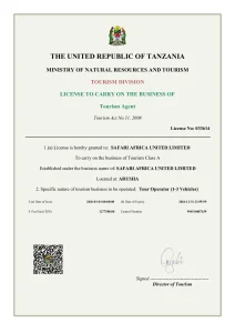 Safari Africa United Limited - Licencia de agencia de turismo 2026