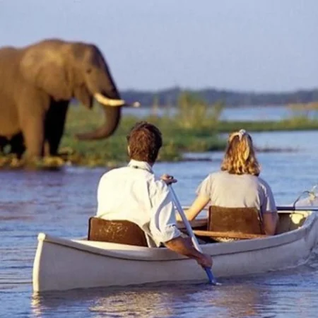 Canoeing on the tranquil waters of Lake Manyara, surrounded by stunning landscapes and diverse wildlife