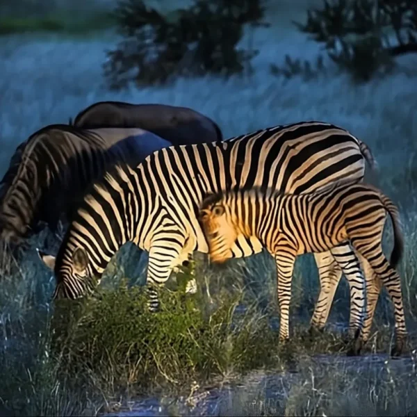 Zebras grazing peacefully on a night safari